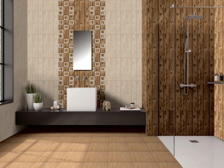 Elegant master bathroom design with brown flooring tiles, shower and mirror